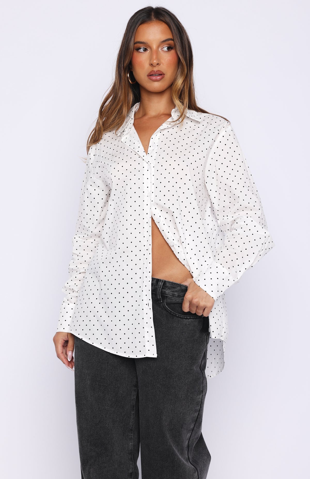 Always About Us Button Up Shirt White Polka Dot